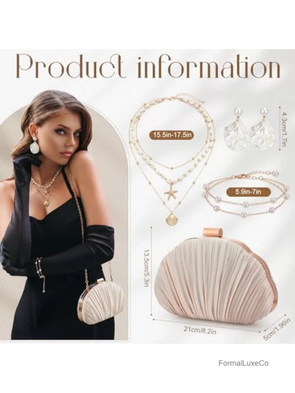 Women's Seashell Clutch Purse Set with Pearl Jewelry Set 4-Piece